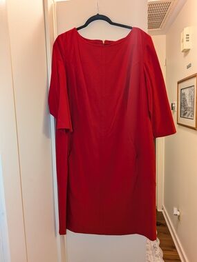 Tahari Arthur S. Levine Classic Red Midi Shift Dress Elbow Sleeves 16W